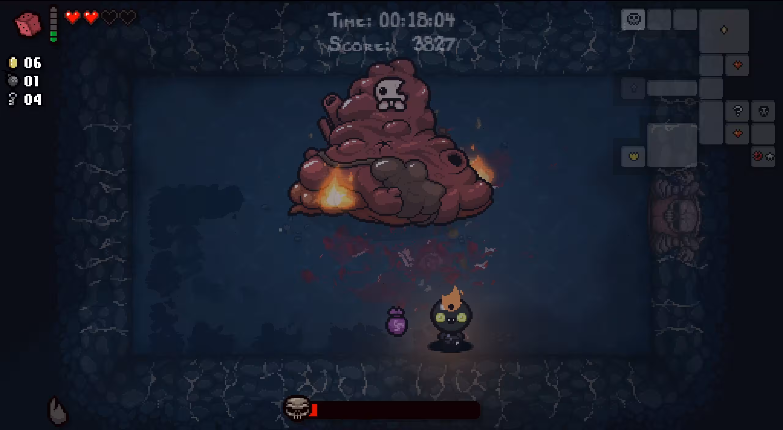 player nearly defeating Gurdy, a boss