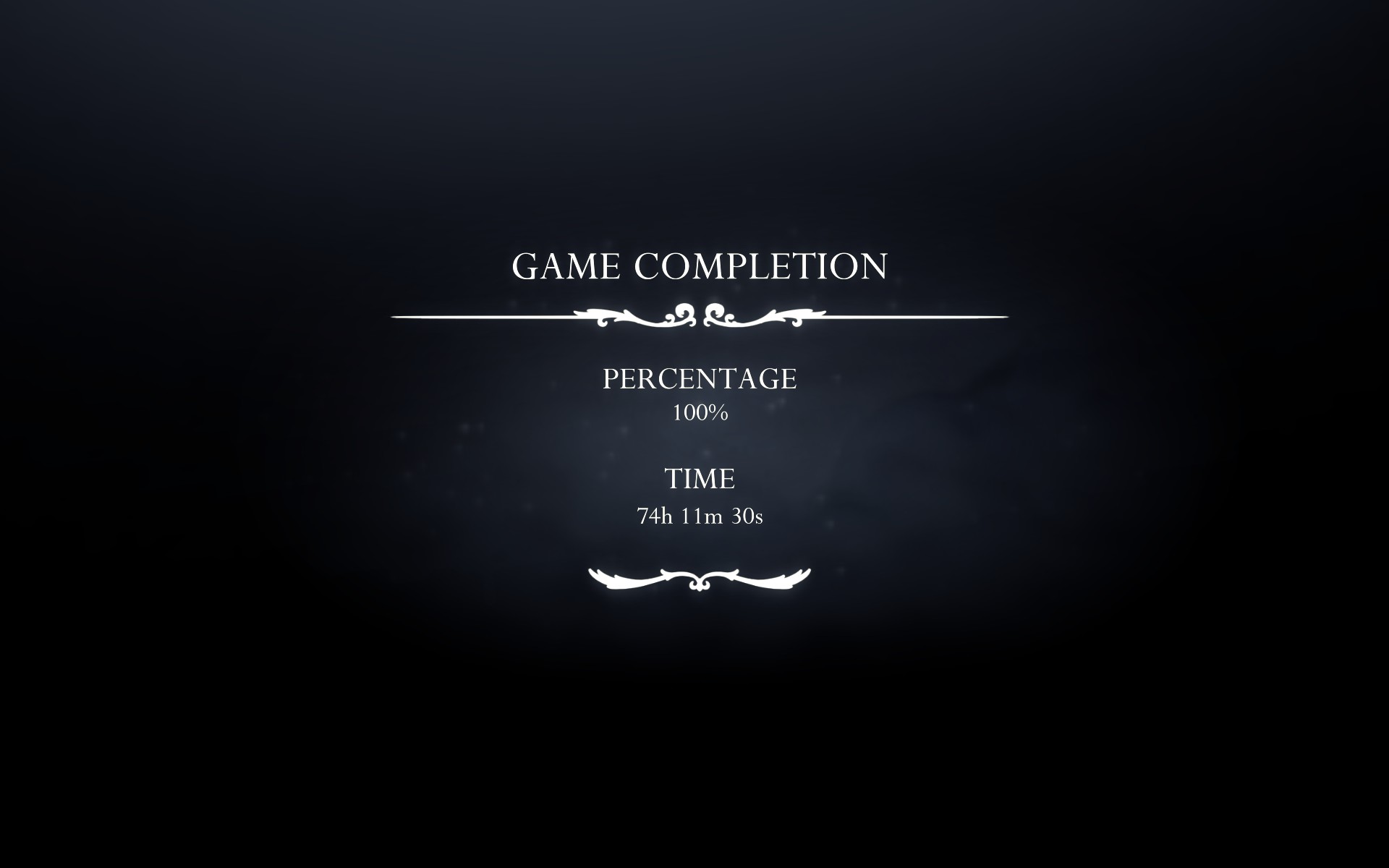 completion screen of Silksong, showing 100% completion and with a time of 74 hours, 11 minutes and 30 seconds.